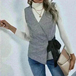 Wrap tie side plaid blazer vest